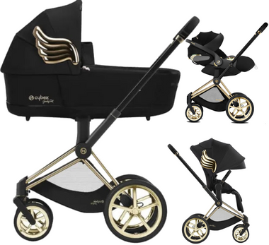 Zestaw 3w1 Cybex Wózek Priam 4.0 (J Scott) Black Gold Wings & Gondola Priam 4.0 J Scott Black Gold Wing & Fotelik Cloud T (J Scott) Black Gold Wing
