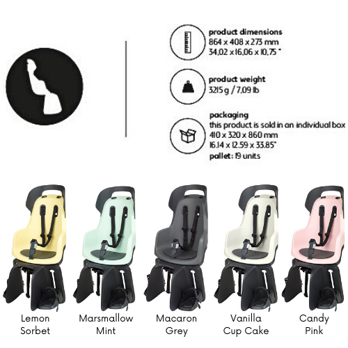 FOTELIK ROWEROWY | BOBIKE GO | NA BAGAŻNIK | MACARON GREY | VANILLA CUP CAKE | CANDY PINK | MARSMALLOW MINT | LEMON SORBET