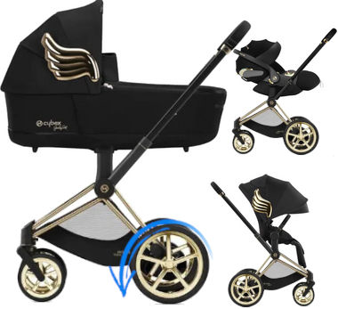Zestaw 3w1 Cybex Wózek E-Priam 4.0 (J Scott) Black Gold Wings & Gondola Priam 4.0 J Scott Black Gold Wing & Fotelik Cloud T (J Scott) Black Gold Wing