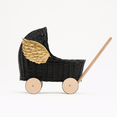 Wiklinowy Czarny Wózek Dla Lalek Ze Skrzydłami